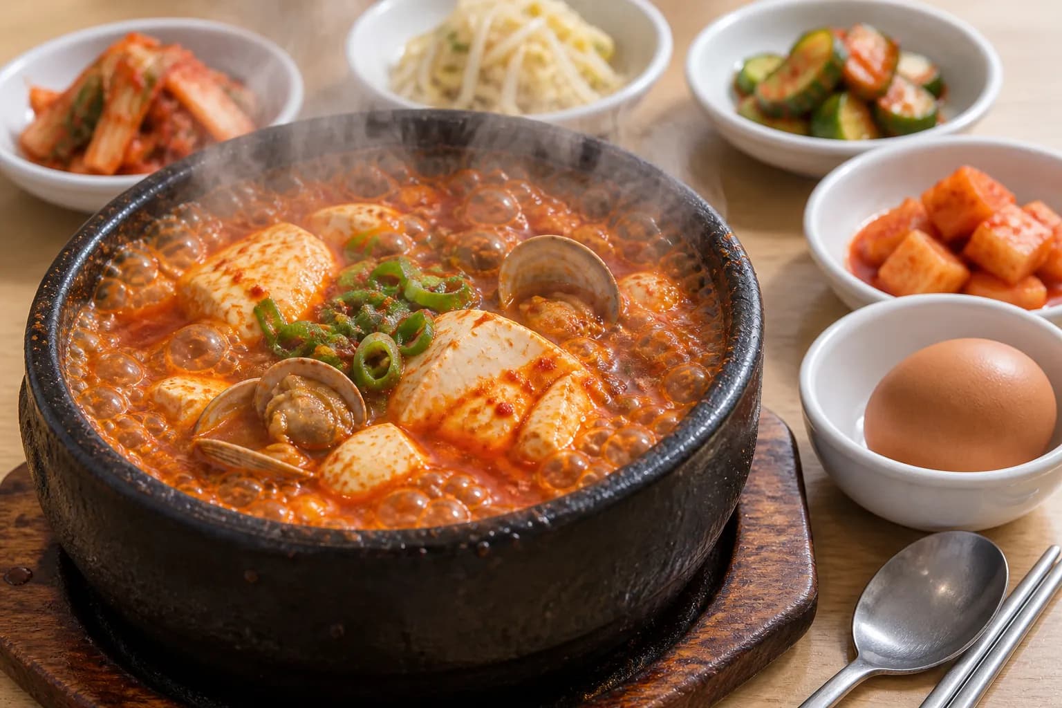 A stone bowl of red tofu stew at a rolling boil with a raw egg beside it