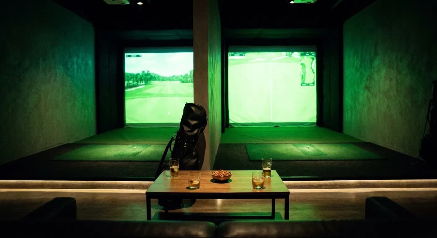 Two side-by-side golf bays at night, screens lit green, a low table with drinks between them and dark walls all around