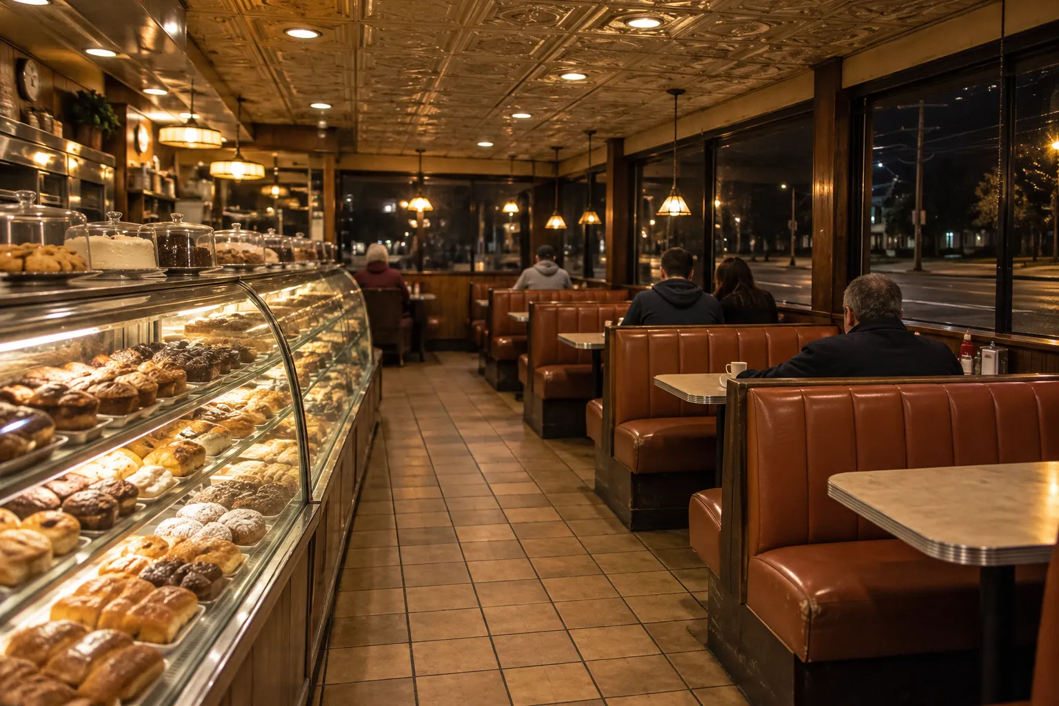 A long delicatessen dining room with booths and a bakery counter at night