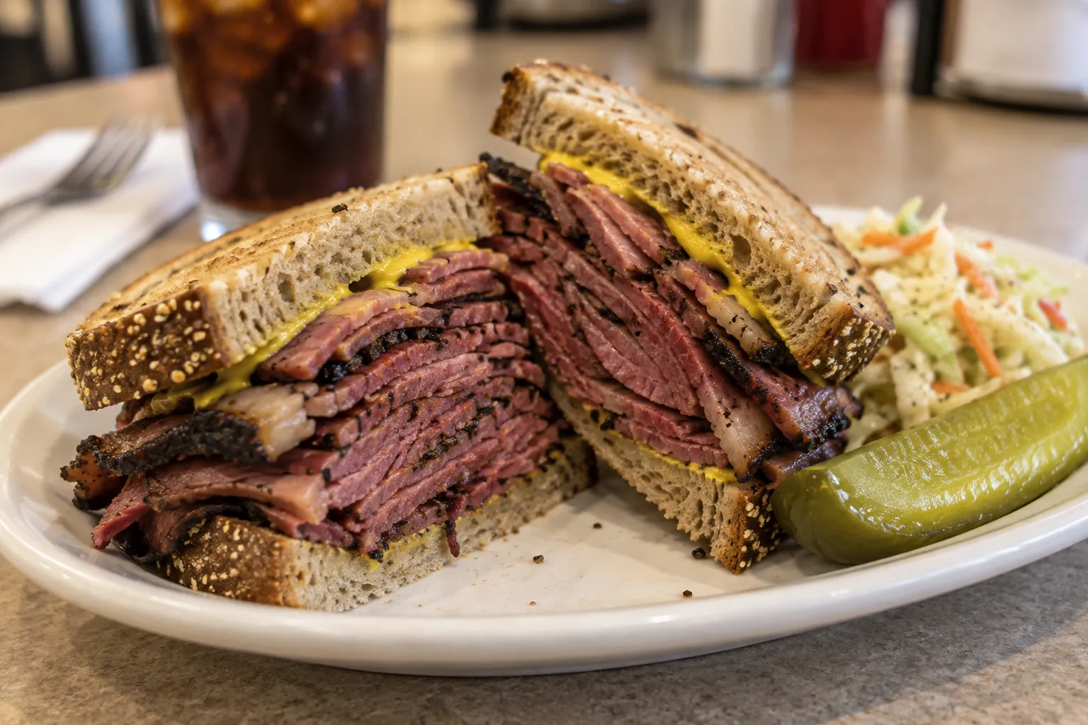 A hand-cut pastrami sandwich on rye with a pickle spear on a white plate