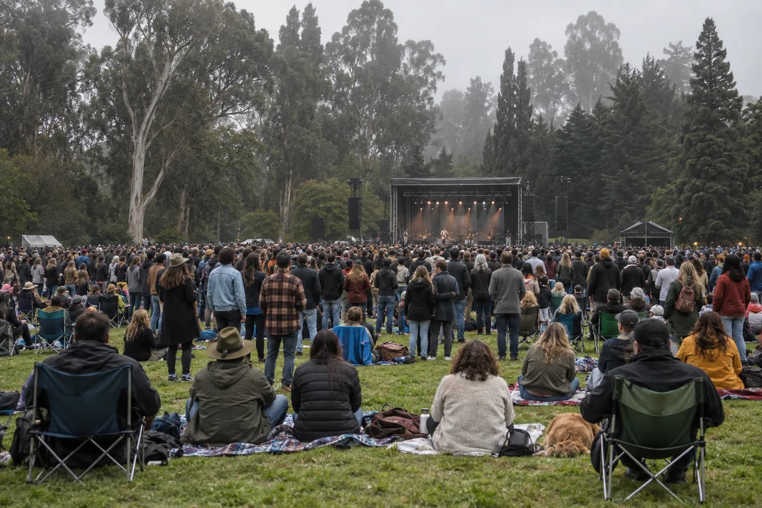 A large outdoor crowd on parkland watching a distant stage among tall trees