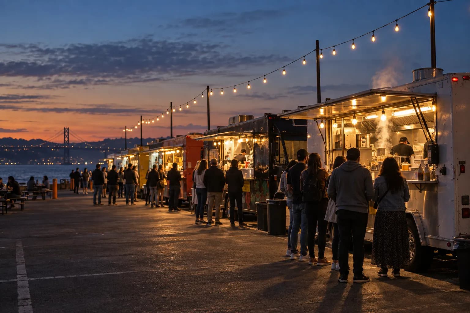 A line of lit food trucks on a waterfront lot at dusk with a queue of people