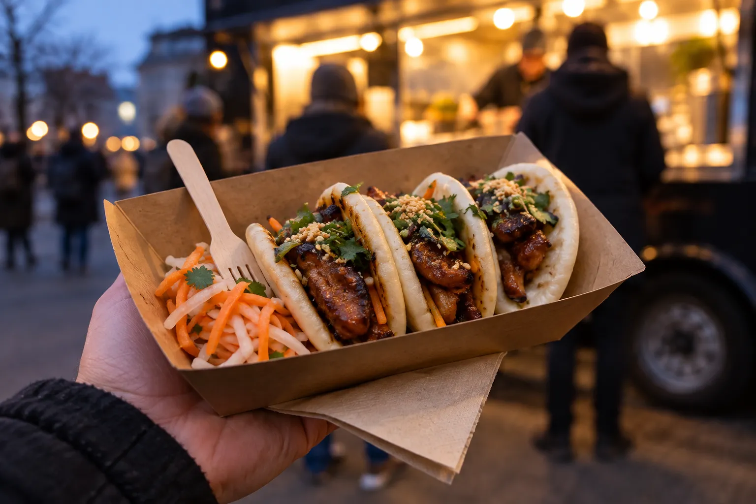 A row of lit food trucks on a waterfront lot at dusk with people queueing