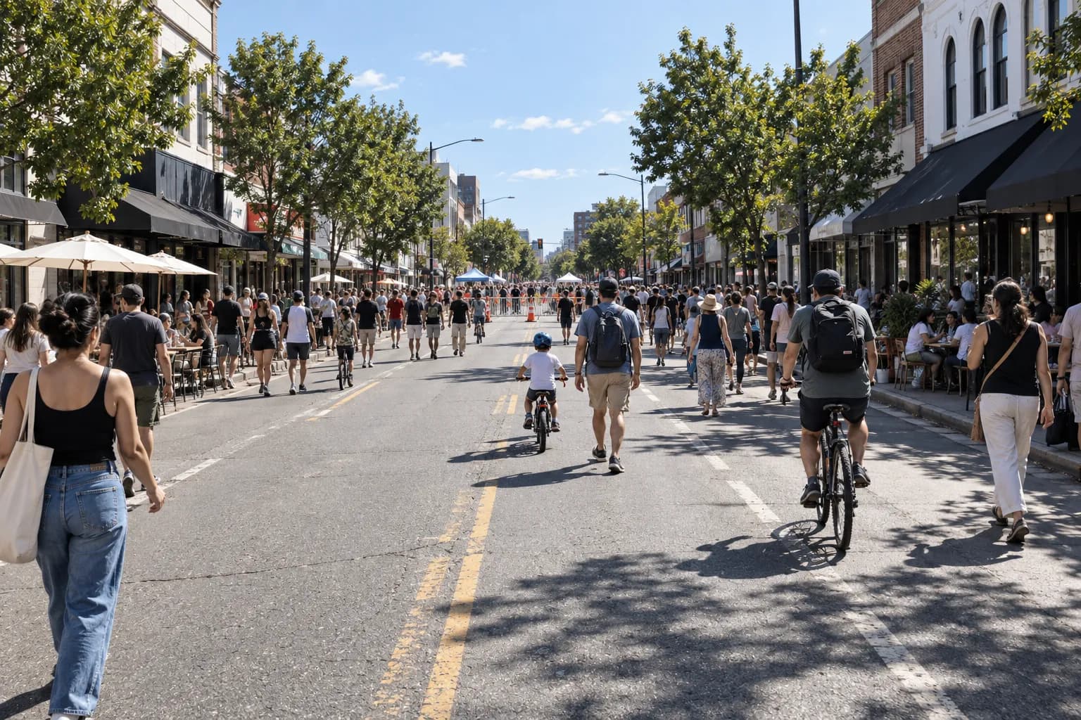 A wide city street closed to traffic and filled with people walking and cycling
