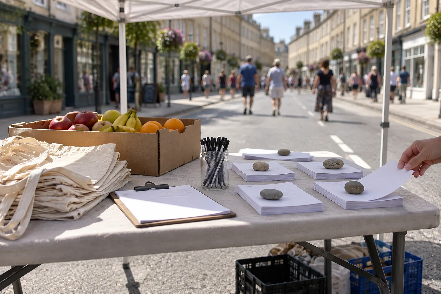 A city street closed to cars, filled with people walking and cycling past storefronts