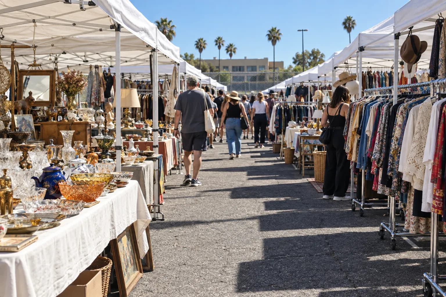 An outdoor flea market of stalls and clothing rails in a sunlit car park