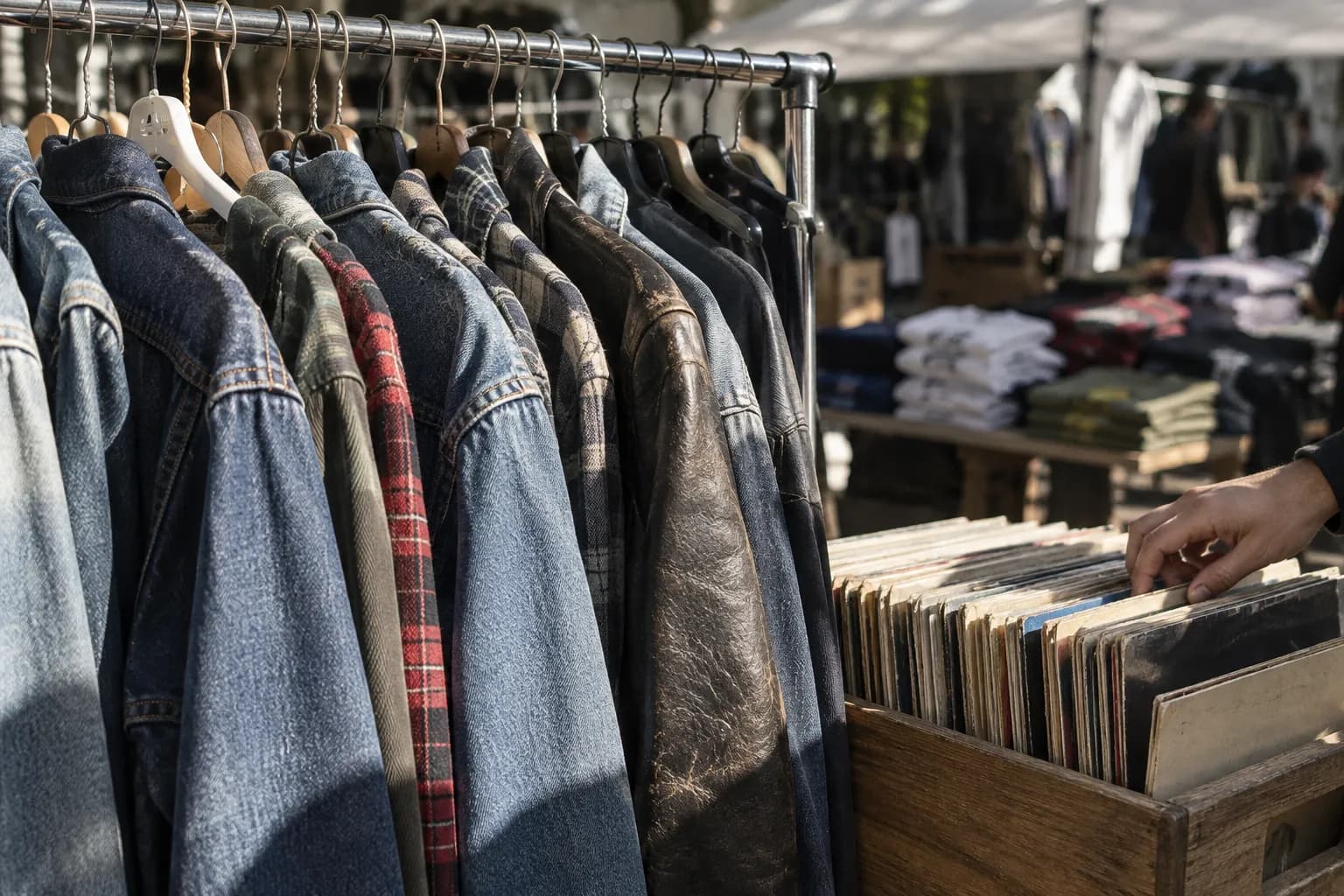 A rail of vintage clothing and a table of records at an outdoor flea market