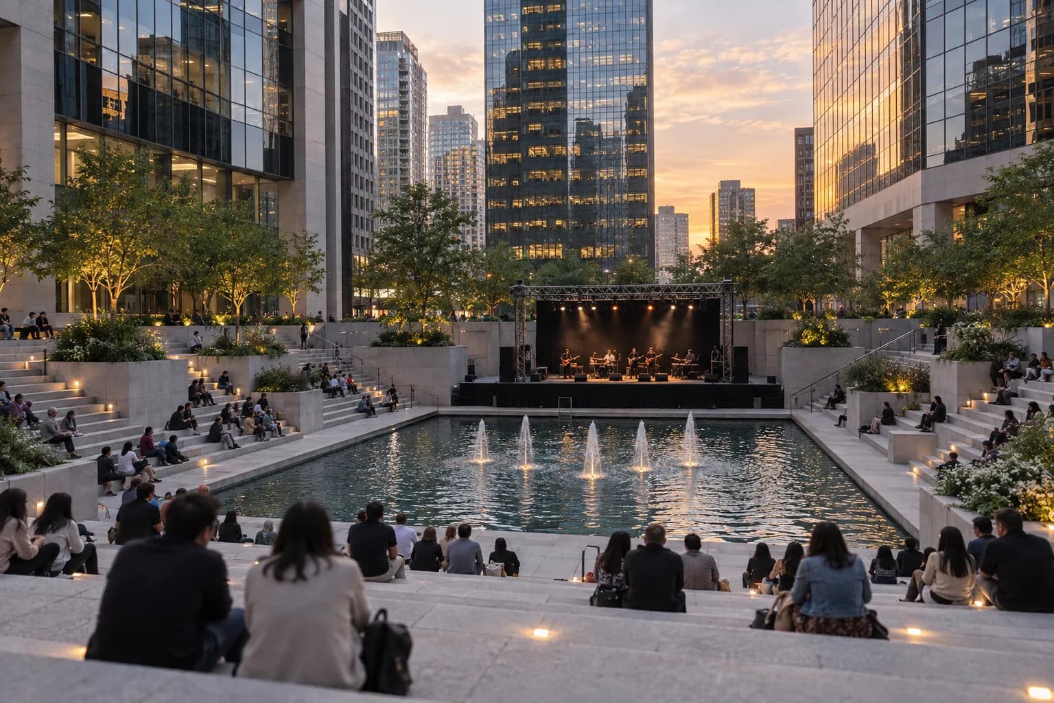 A sunken stone plaza with terraced steps and water below downtown towers