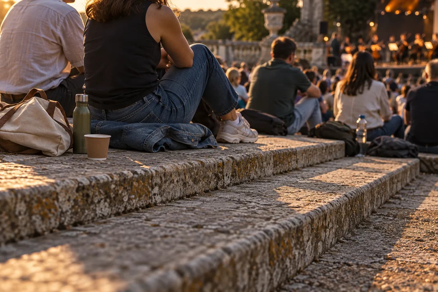 A sunken stone plaza with terraced steps and a water feature under downtown towers