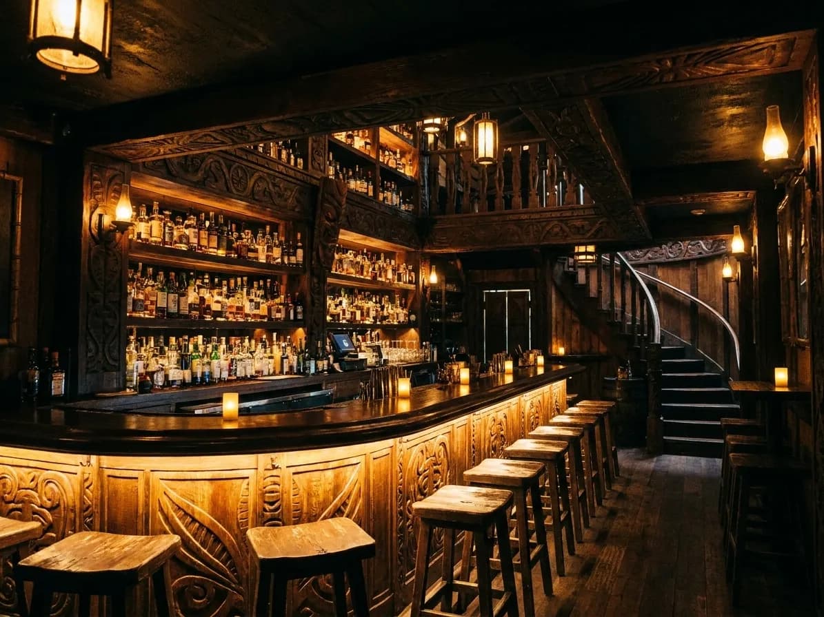 A dim multi-level rum bar interior with dense wooden carving, rows of bottles lit from below and a wooden stair rising into shadow at the back