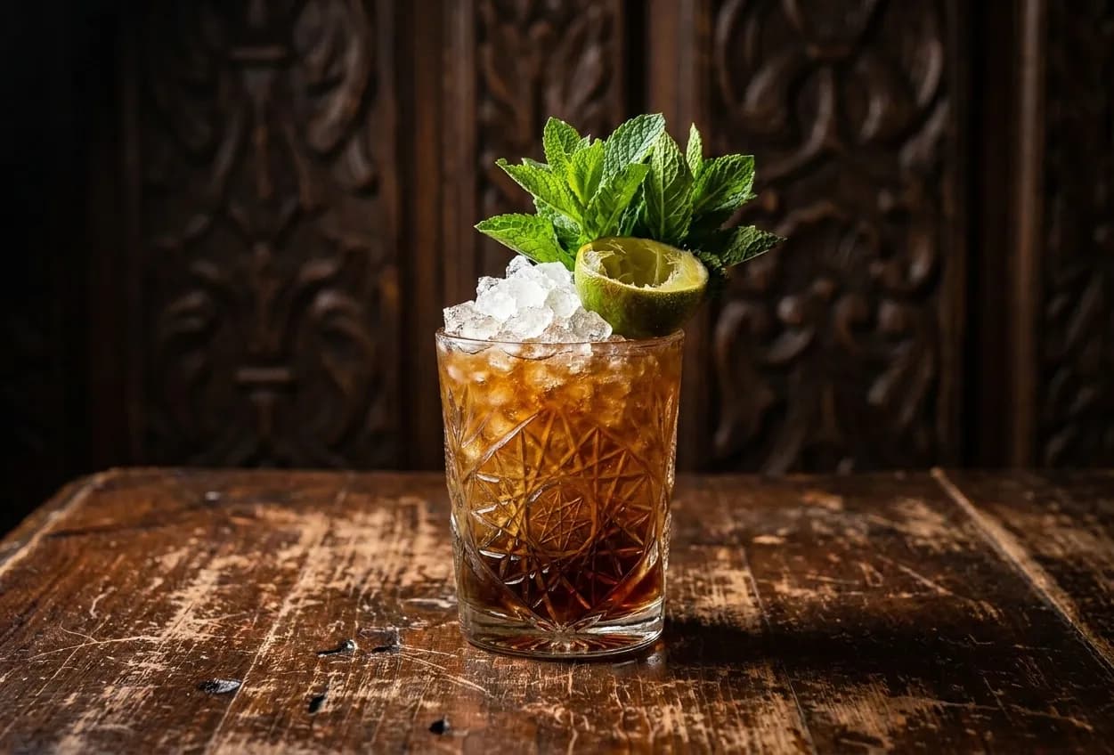A tall garnished rum cocktail in a heavy glass on a dark wooden table, crushed ice piled above the rim, mint and a spent lime shell on top