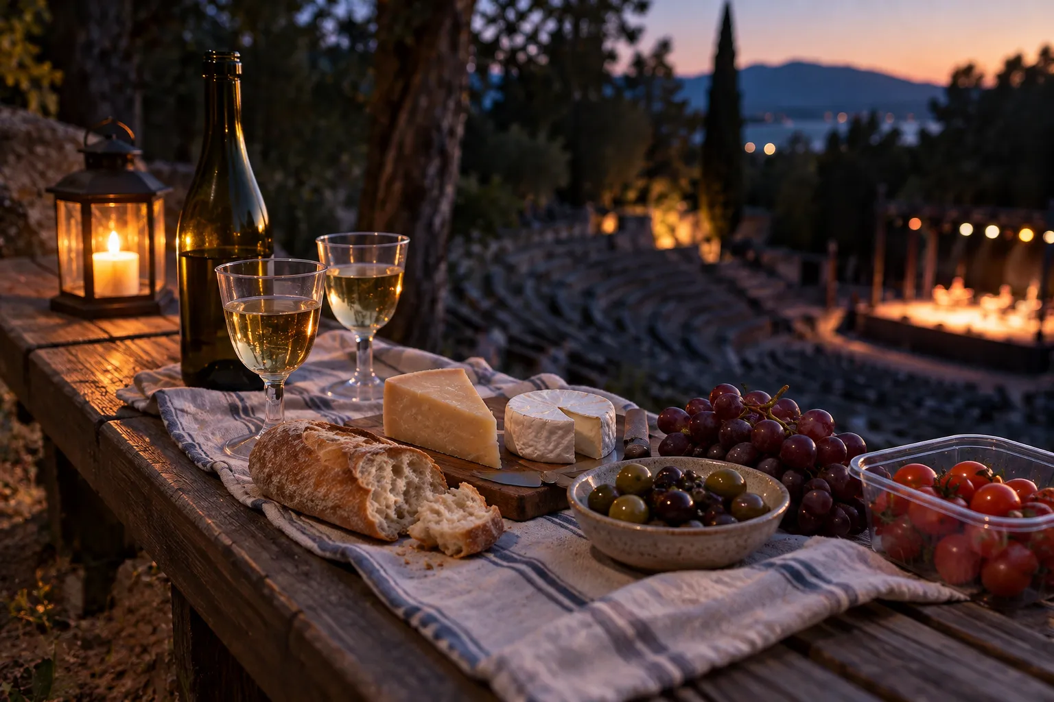 A picnic of cheese, bread and wine set out on a bench seat before a concert