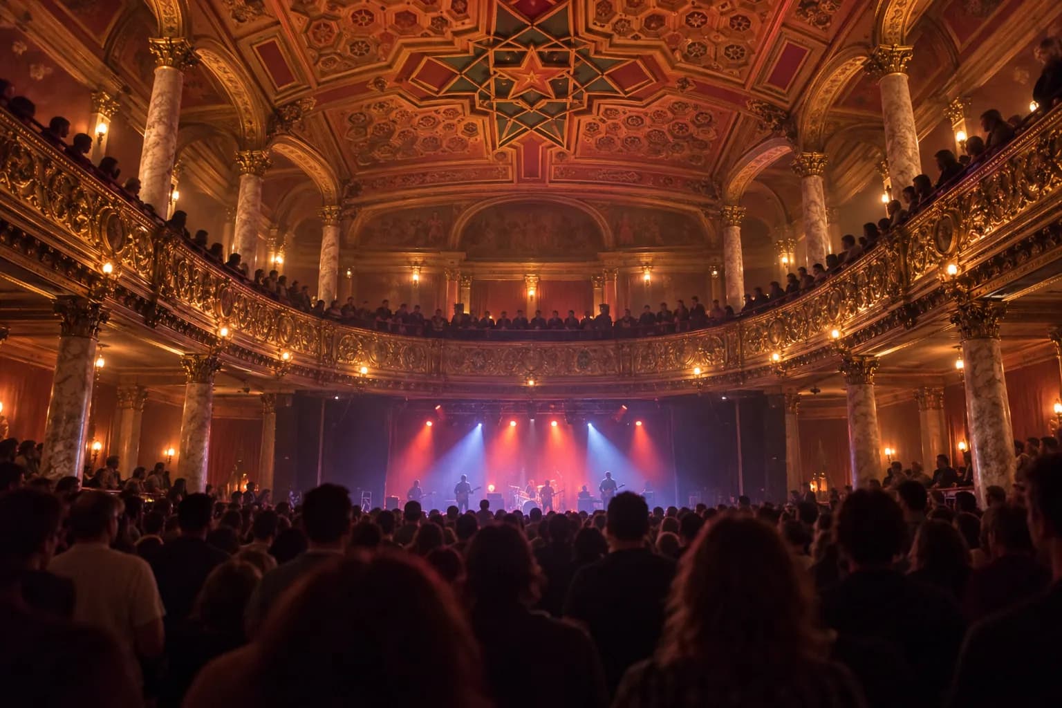An ornate historic music hall interior with a gilded balcony above a crowd
