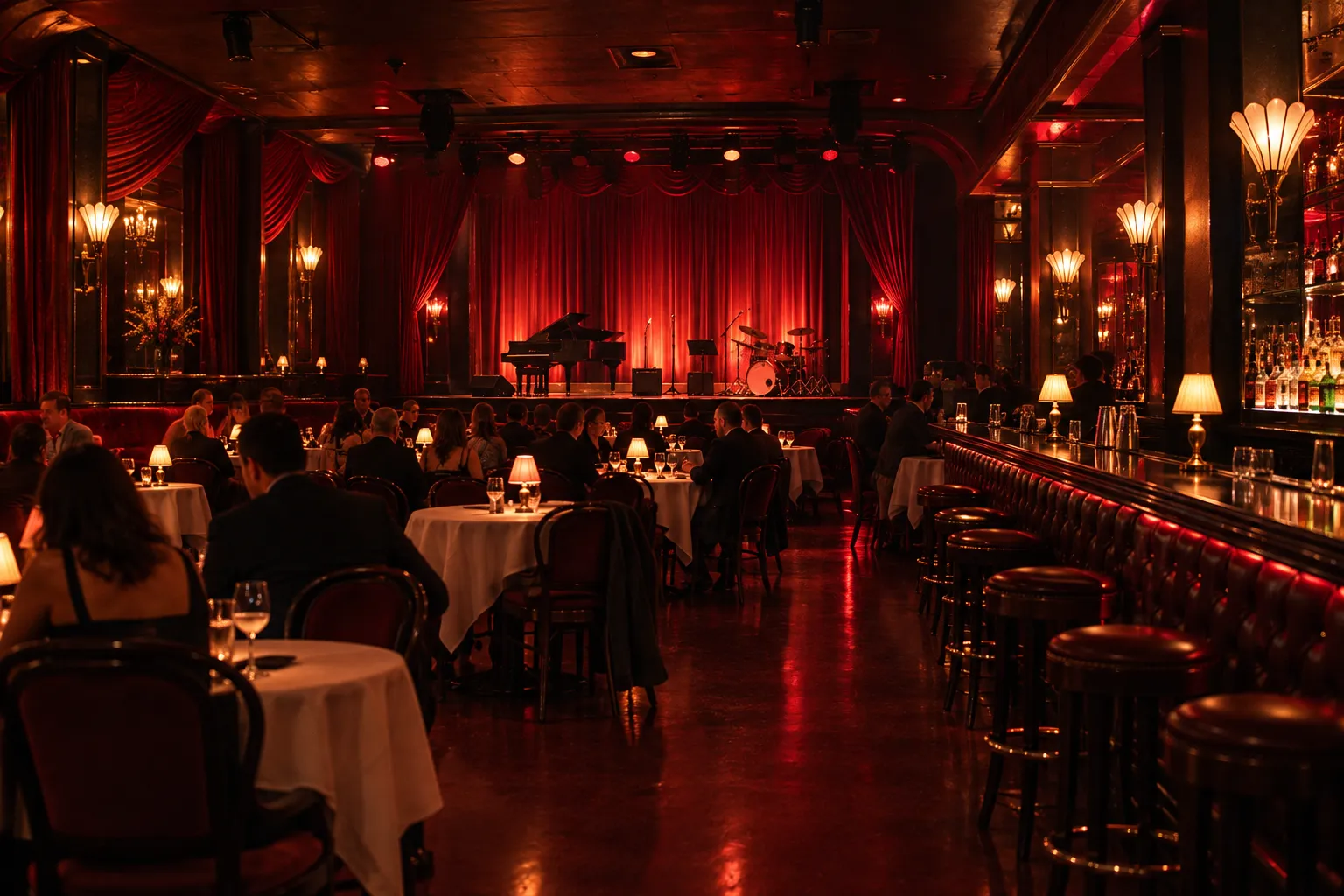 A deep red art deco nightclub room with drapes, small lamps and a long bar