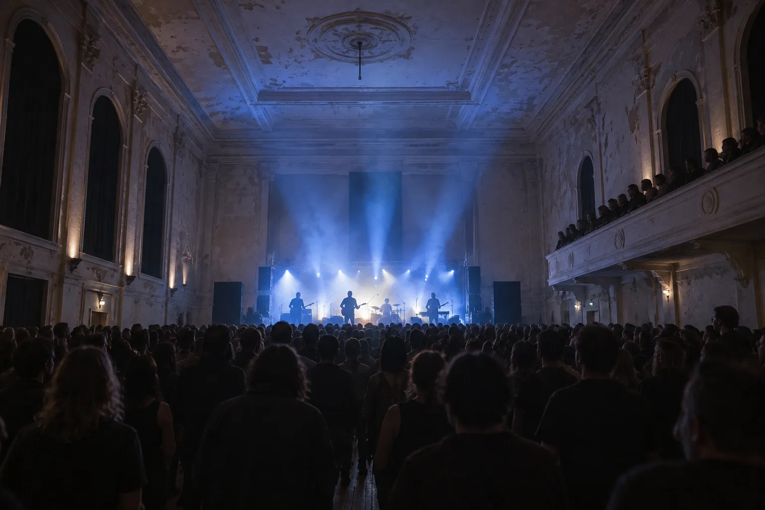 A high-ceilinged hall with a low stage and a crowd standing close to it