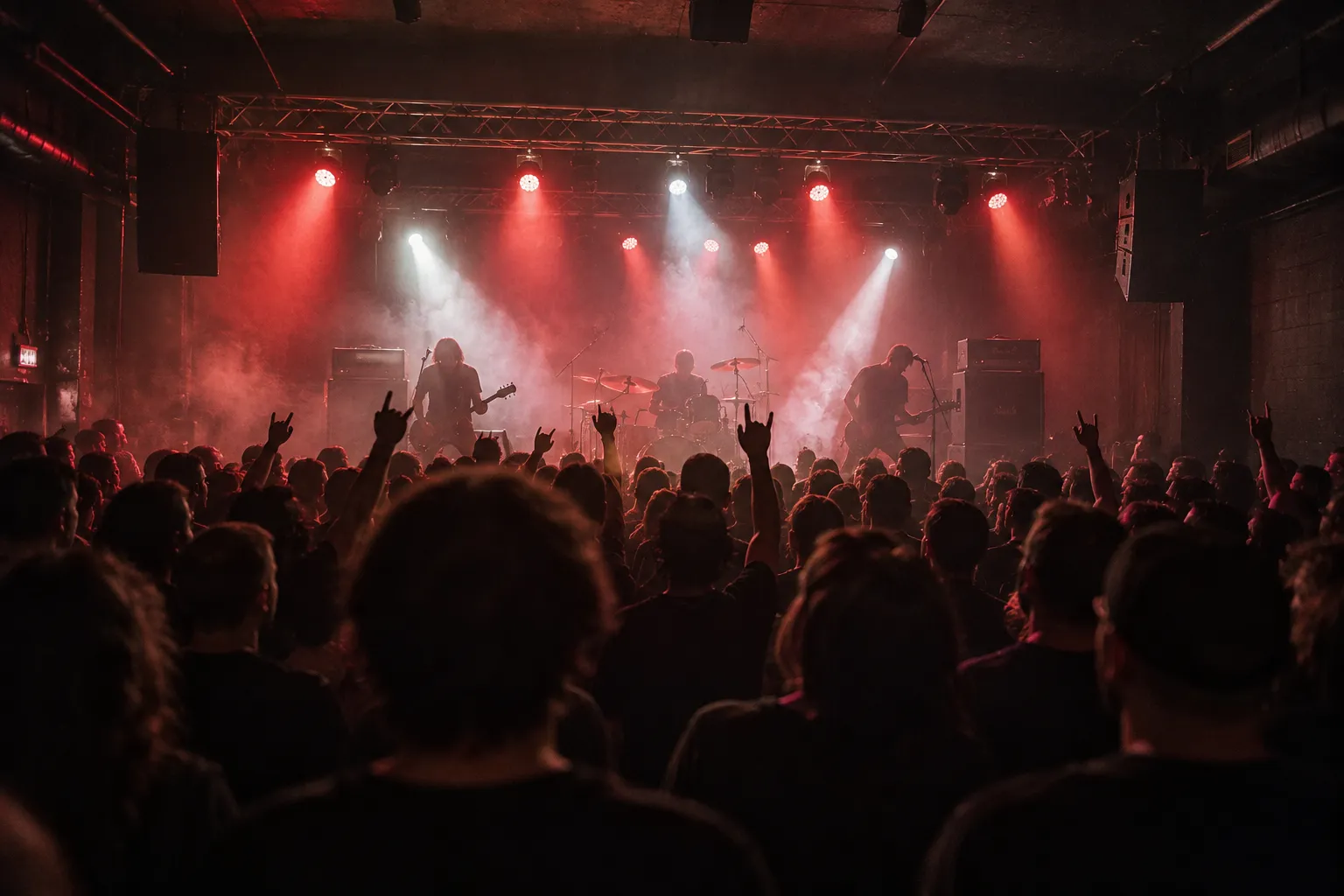 A small club stage with amplifiers seen over the heads of a close crowd