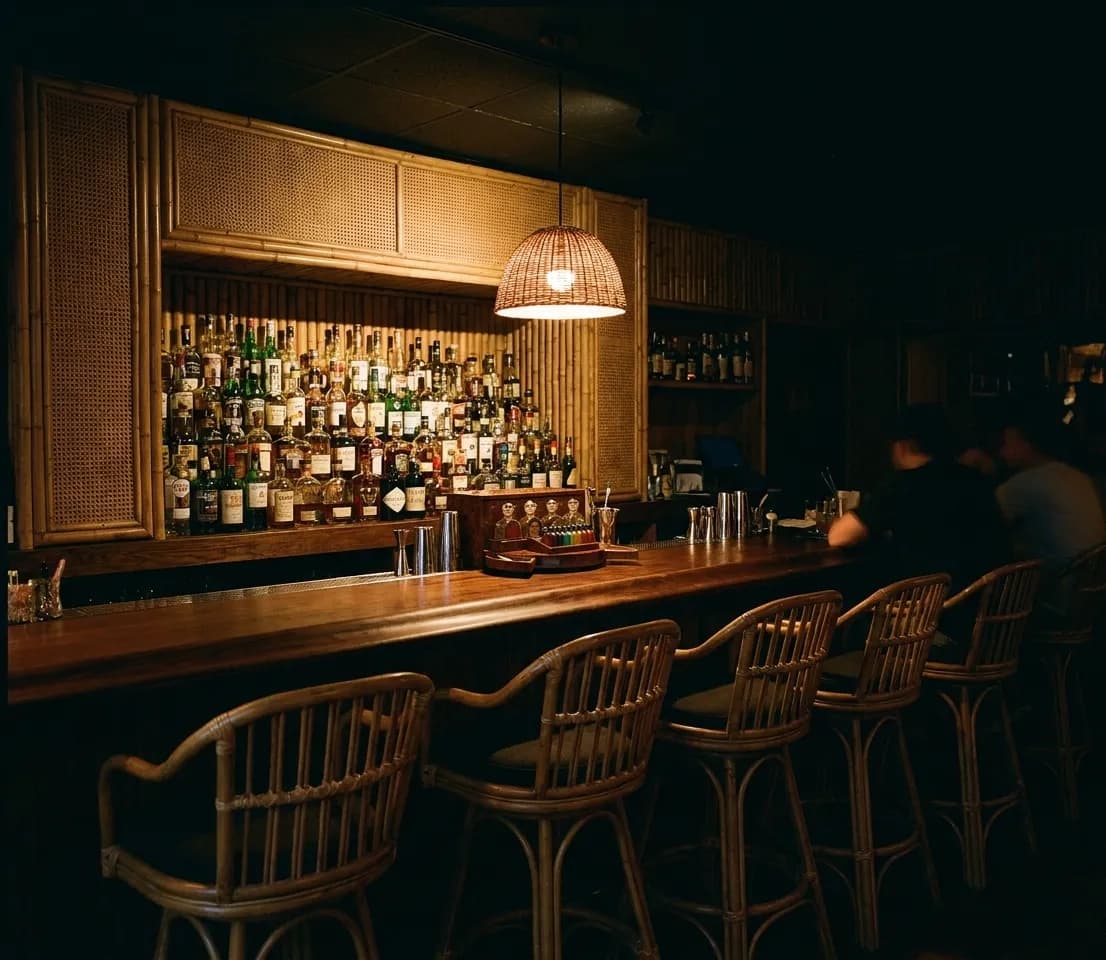 A small dark cocktail room with bamboo and rattan detailing, a compact bar back stacked with bottles, low warm lighting and no windows