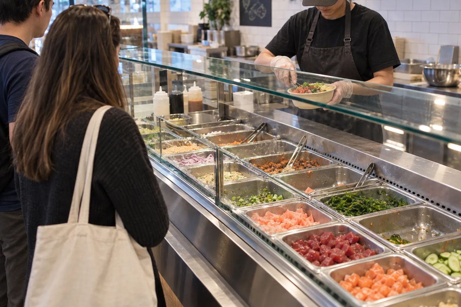 A poke counter with trays of cubed fish behind glass and a queue forming