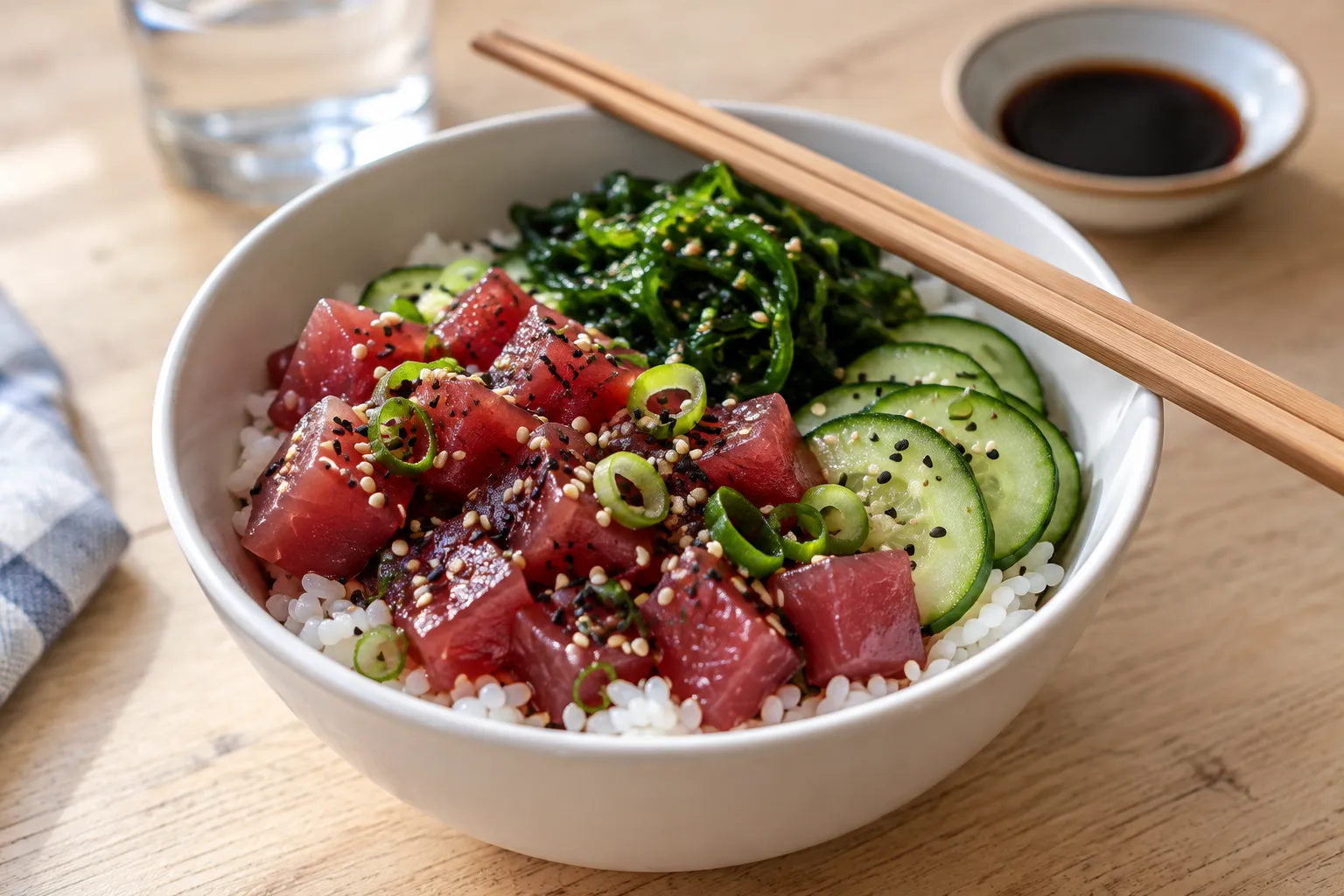 A bowl of cubed raw tuna over rice with seaweed, cucumber and sesame