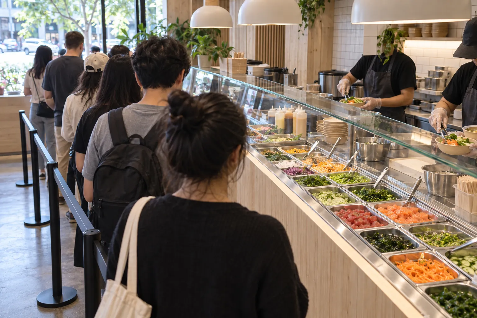 A bright modern poke counter with an ingredient case and a lunchtime queue