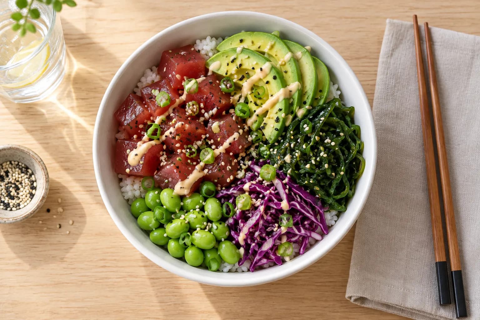 A poke bowl with tuna, avocado and crisp toppings arranged in neat sections