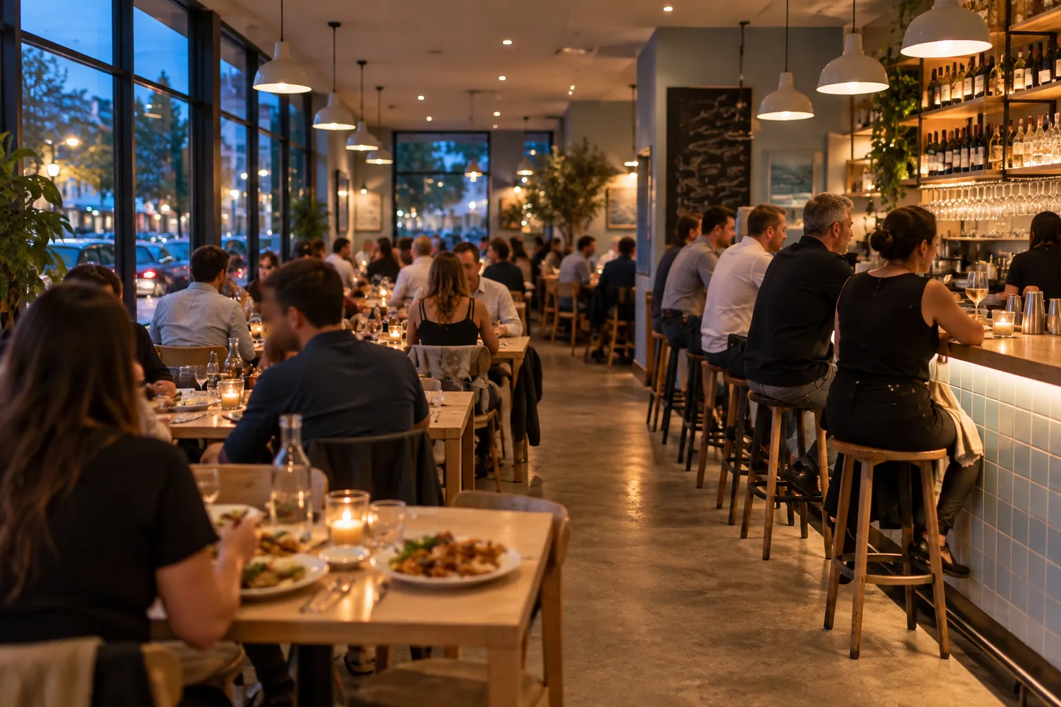 A bright seafood restaurant dining room with a bar and timber tables