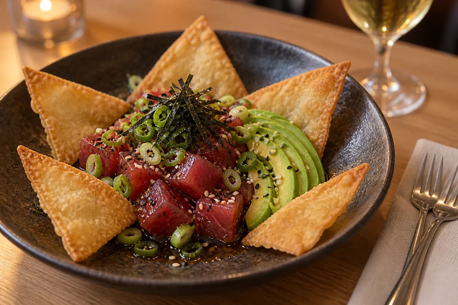 A shared plate of cubed raw fish with wonton crisps and avocado on a restaurant table