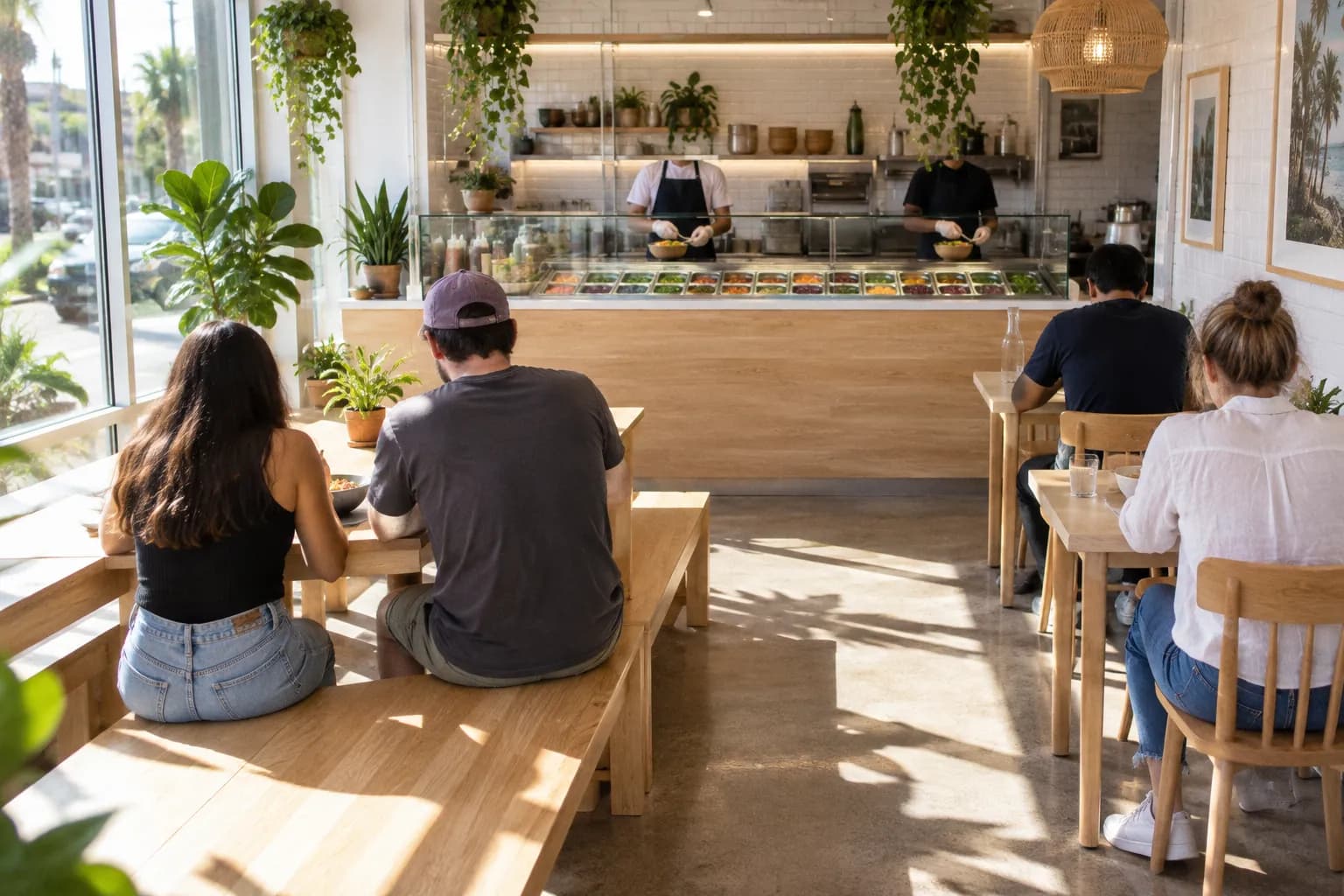 A bright minimal poke shop interior with a counter and pale timber seating