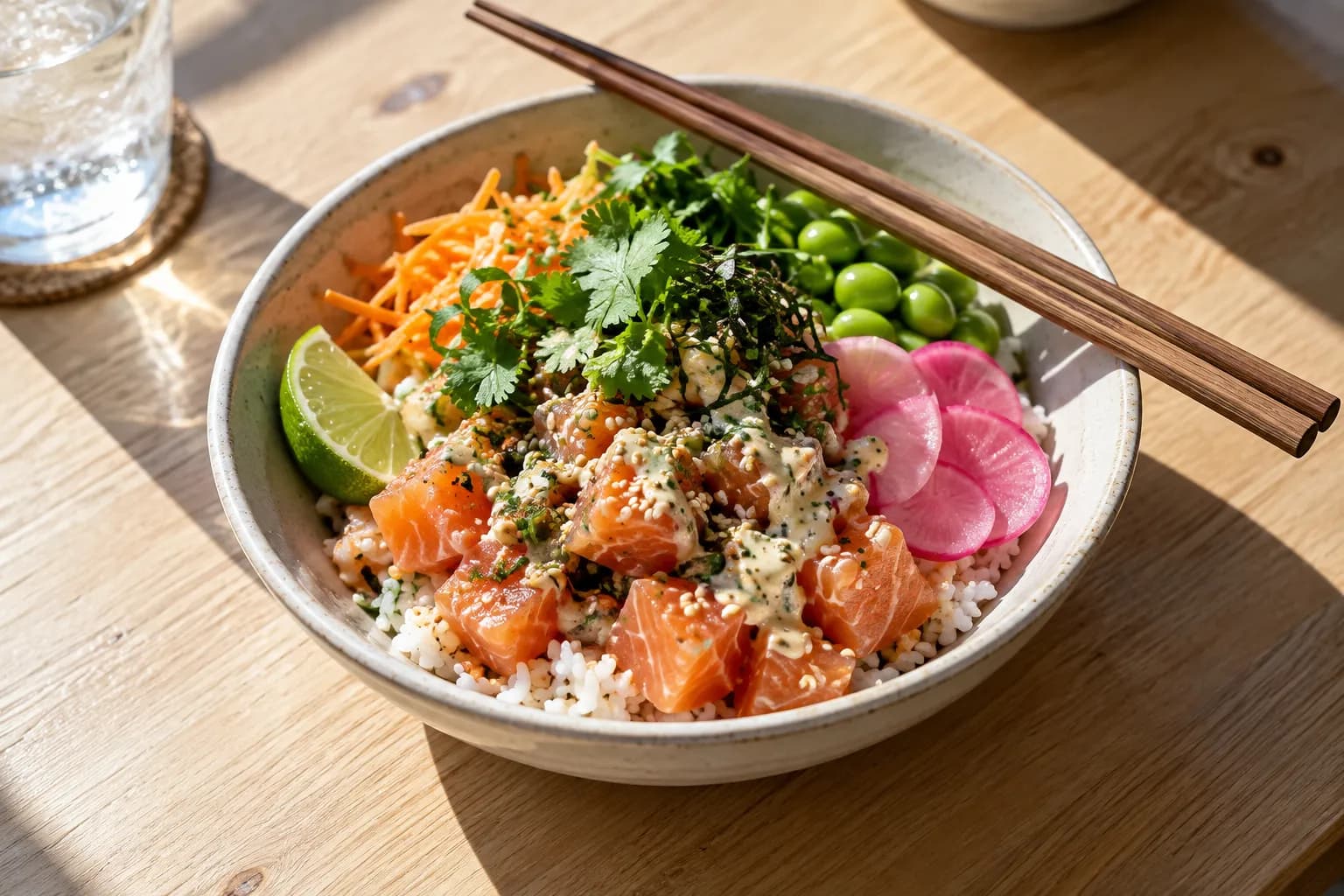 A composed poke bowl with salmon, pickled vegetables and herbs over rice