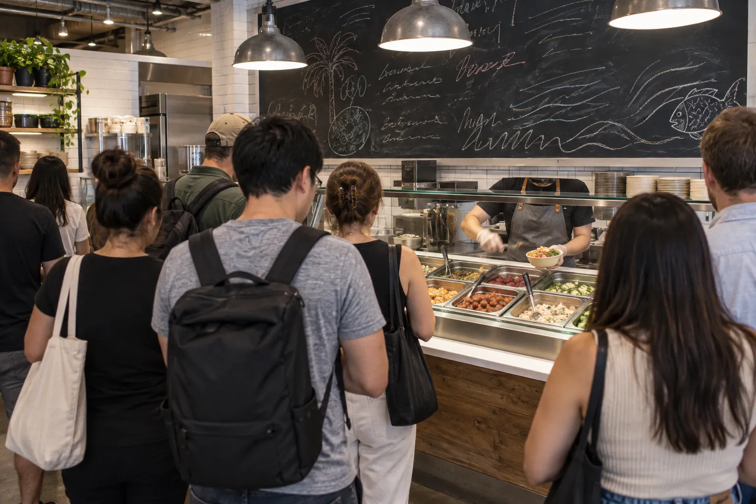 A busy poke counter with a chalkboard and steel trays of seasoned fish