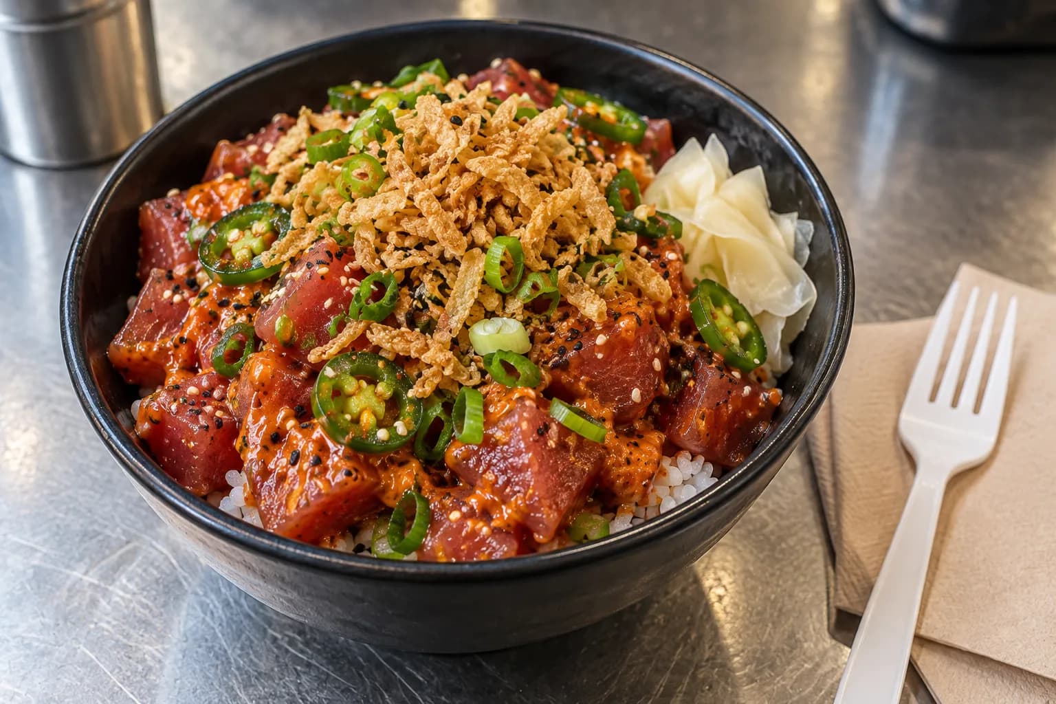 A large poke bowl with spicy tuna, jalapeno and crisp toppings over rice