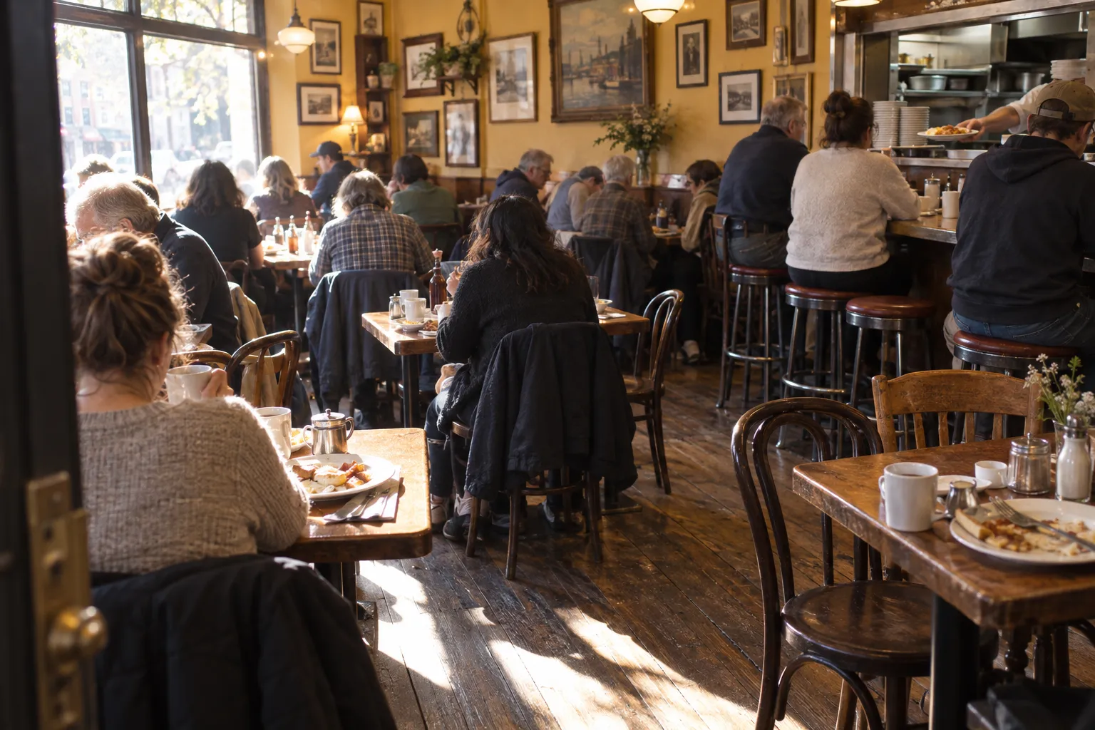 A small crowded breakfast room with close tables and a counter