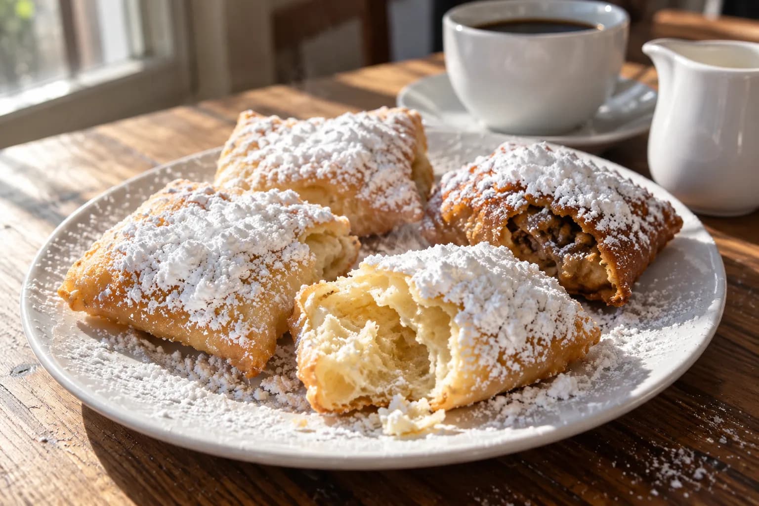 Four beignets under thick powdered sugar on a white plate with coffee