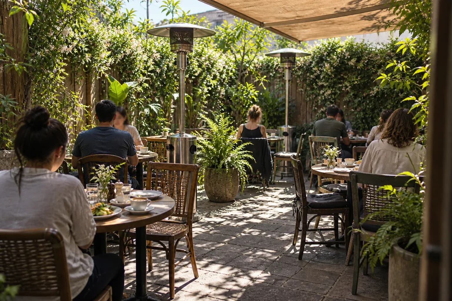 A walled restaurant garden with heaters and small tables in morning light