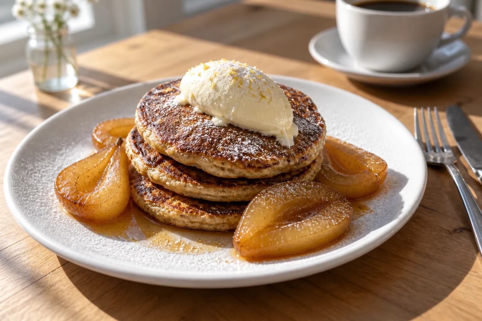 A stack of dark gingerbread pancakes with poached pear and cream on a plate