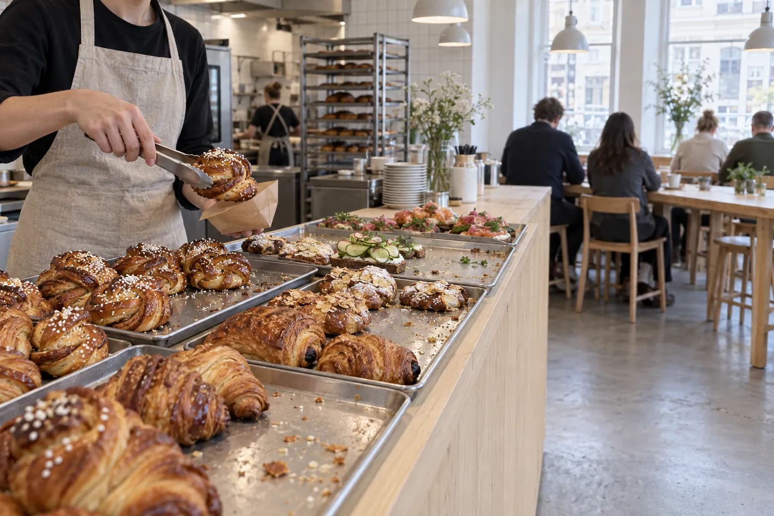 A pale minimal bakery counter with trays of buns and pastries