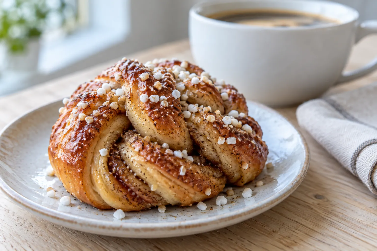 A knotted cardamom bun with pearl sugar on a plate beside a coffee cup