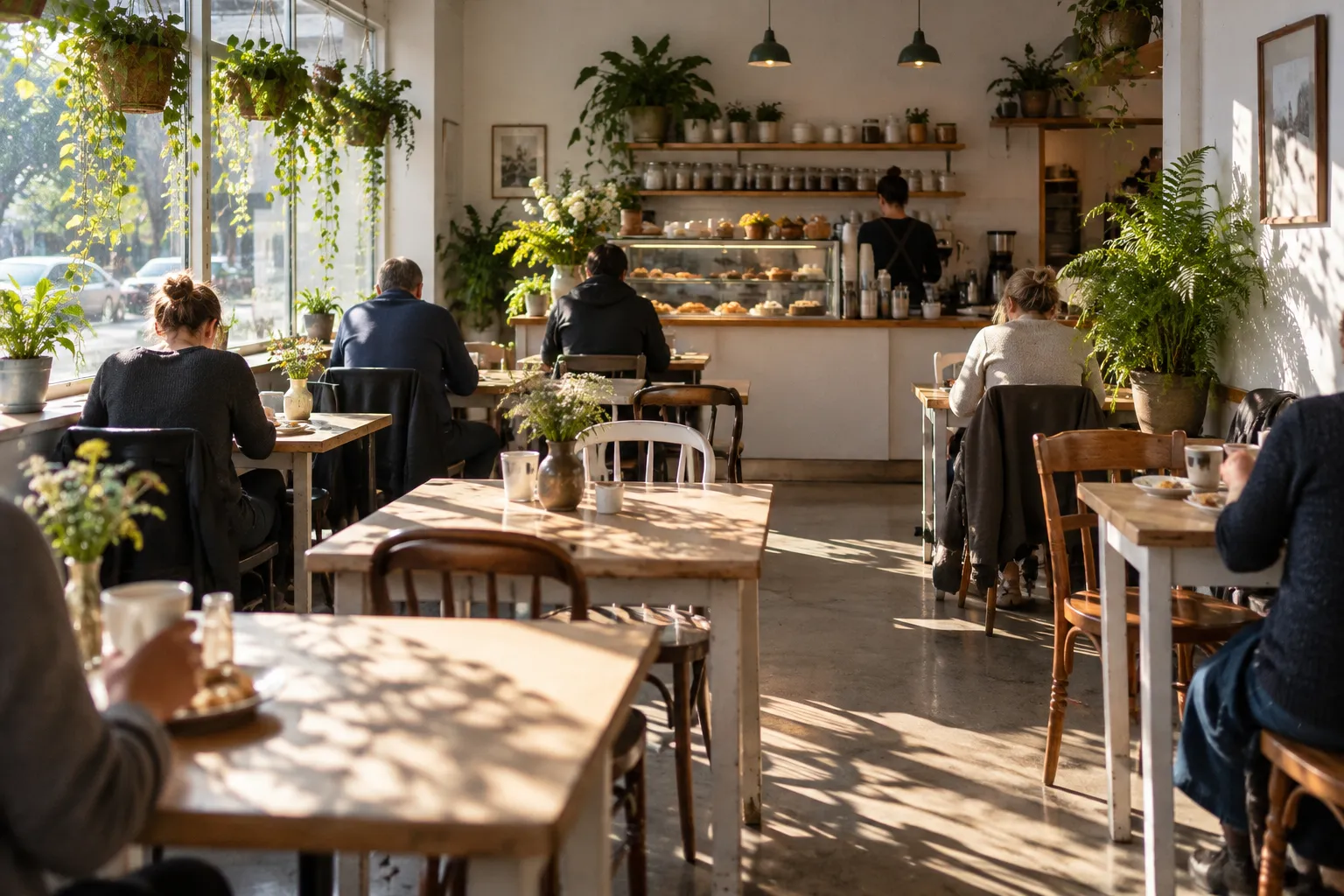 A small bright plant-filled breakfast room with timber tables