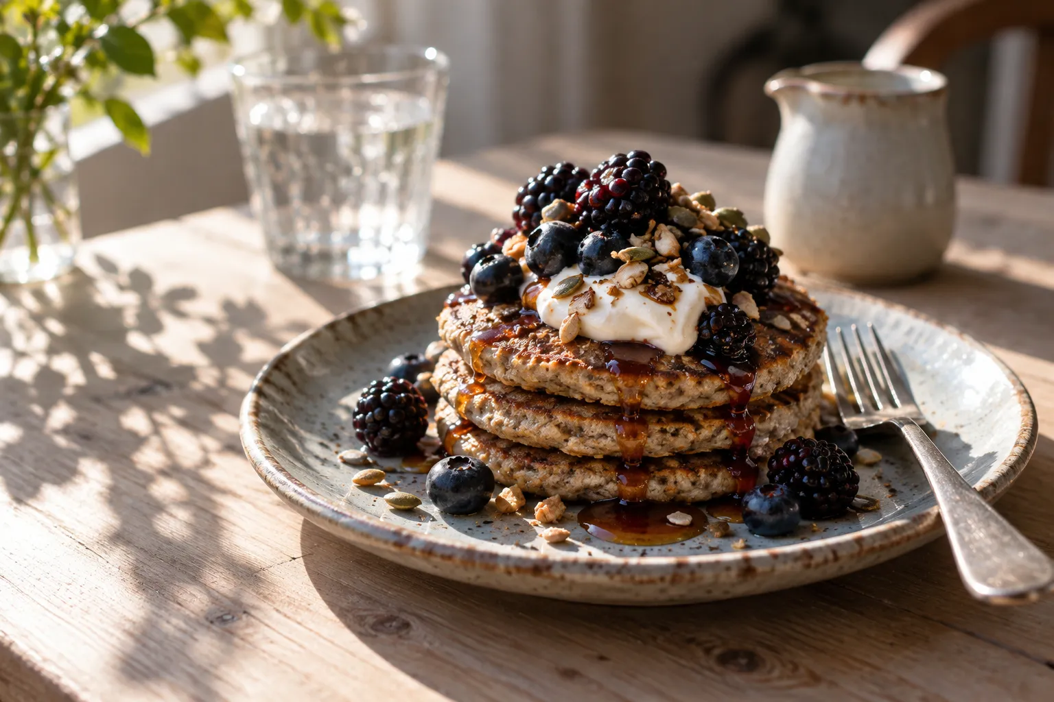 Blue corn pancakes with berries and cream on a ceramic plate