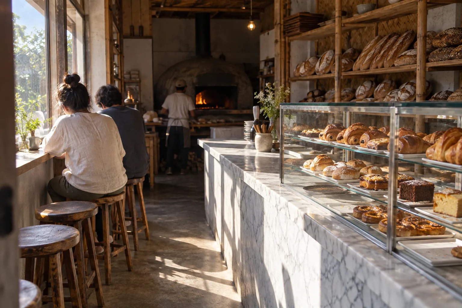 A small bakery counter with a pastry case and a marble bar