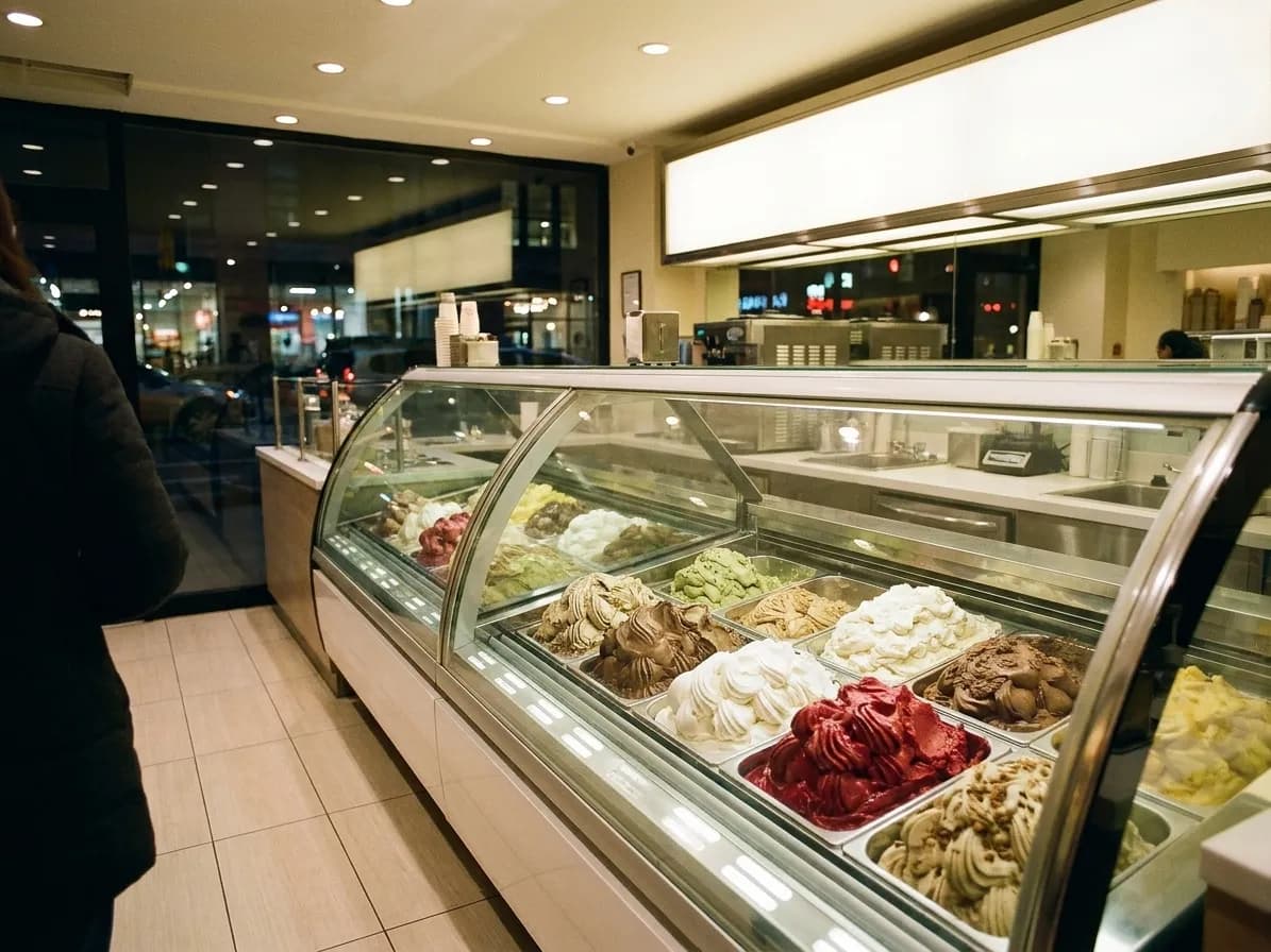 A narrow New York gelato counter at night, a curved glass case of pans running away from the camera, a lit menu wall above