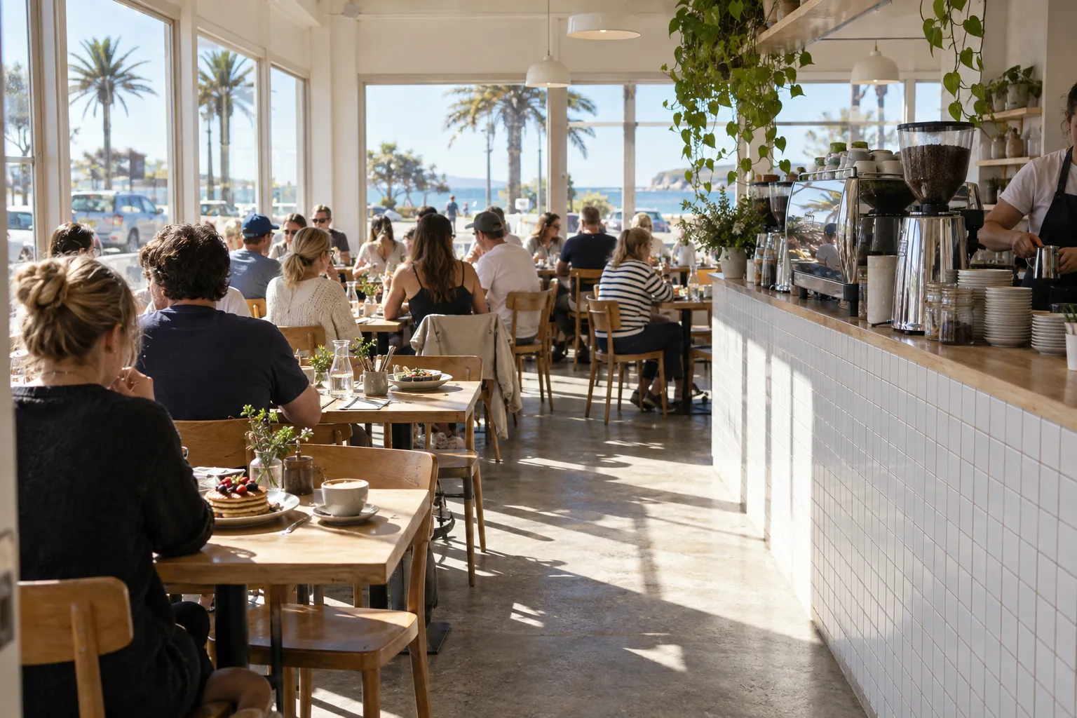 A bright beachside cafe interior with a counter and full tables
