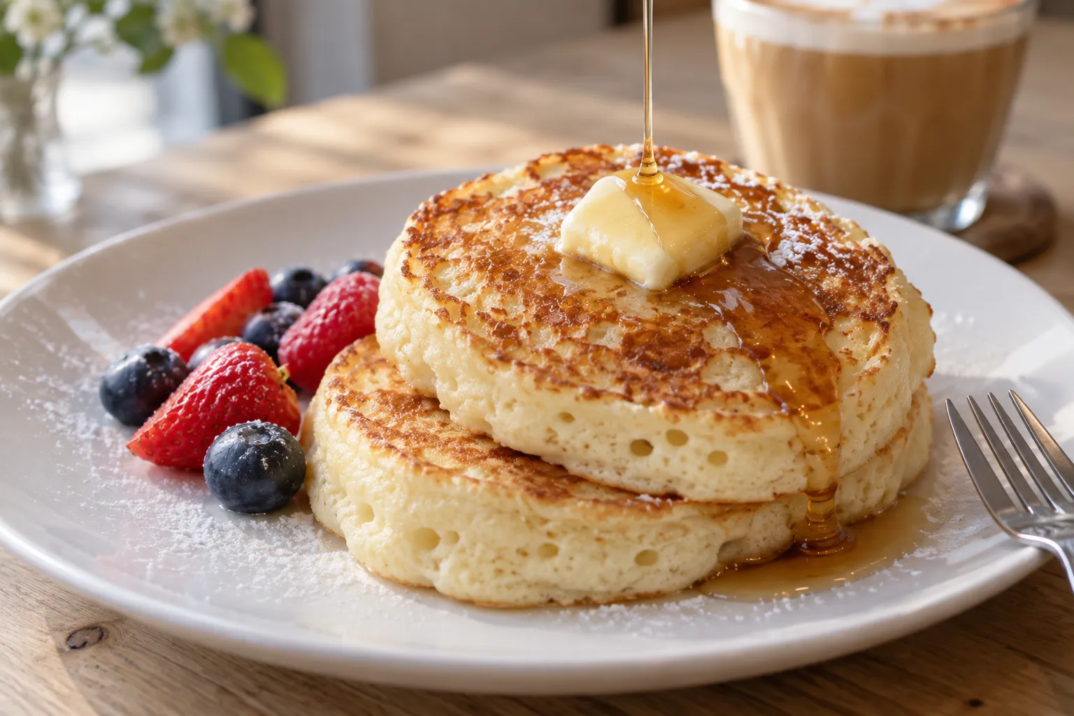 Thick ricotta hotcakes and a flat white on a bright cafe table