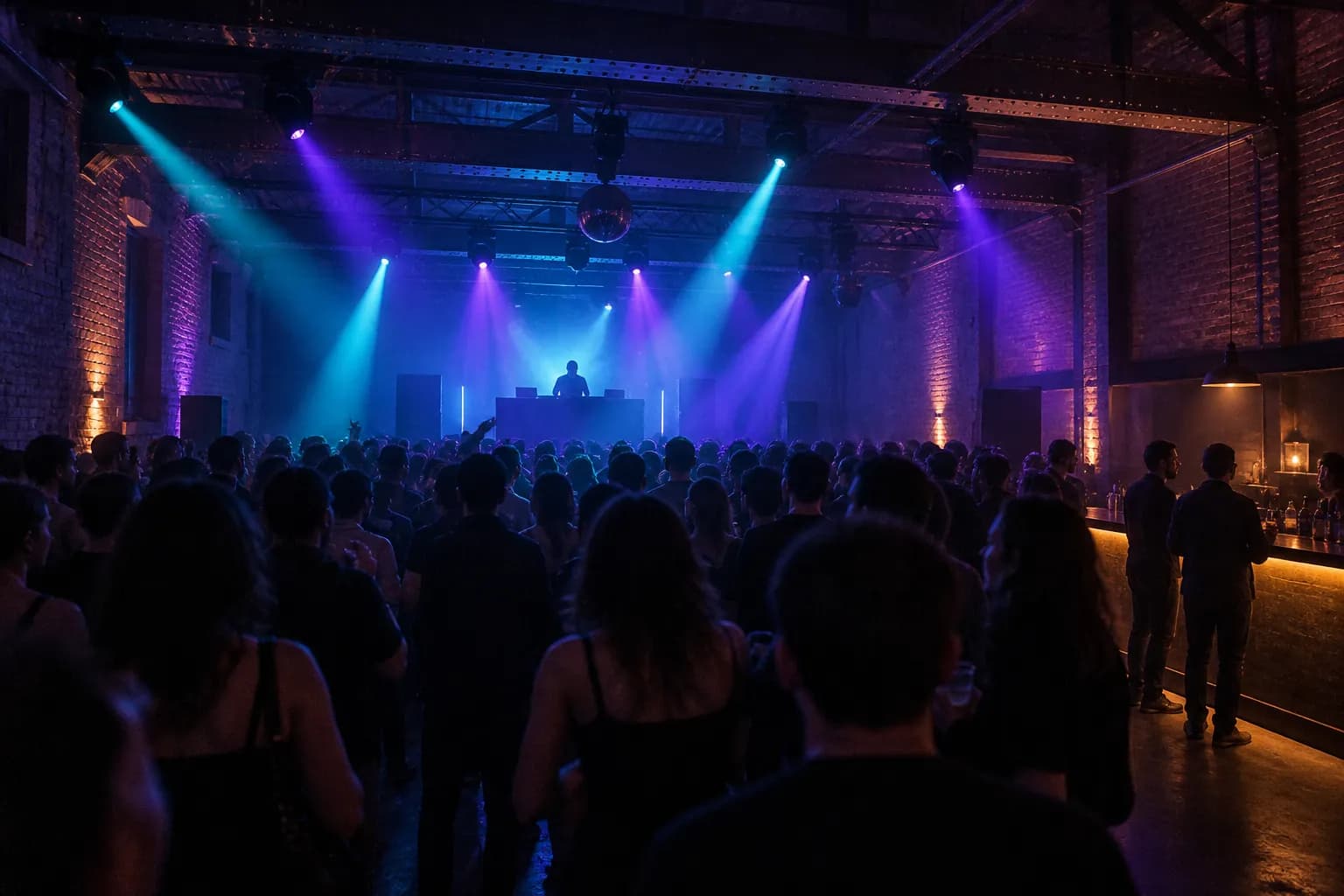 A small dark club with brick walls and a crowded dance floor