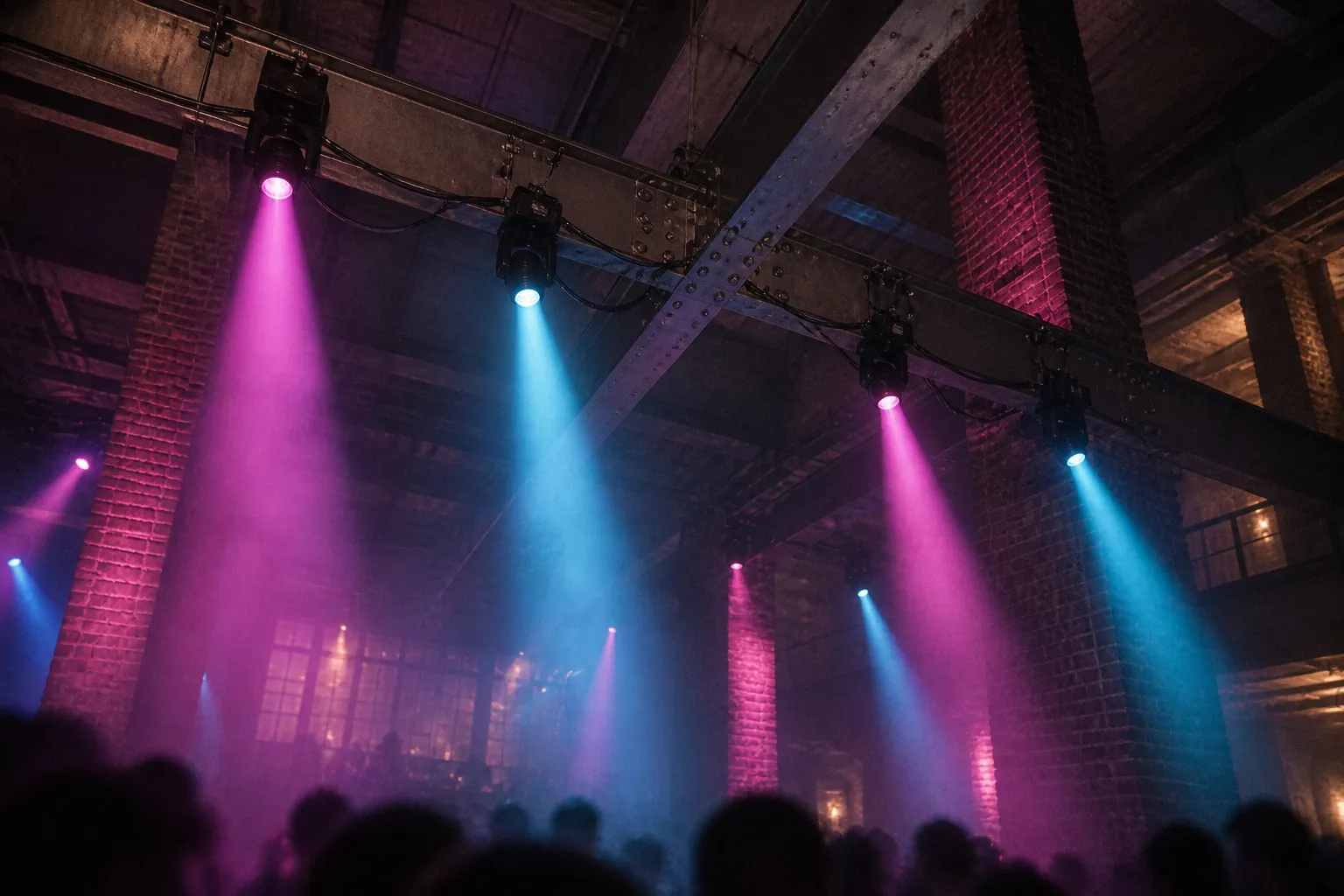Exposed brick and steel beams above a crowded dark dance floor