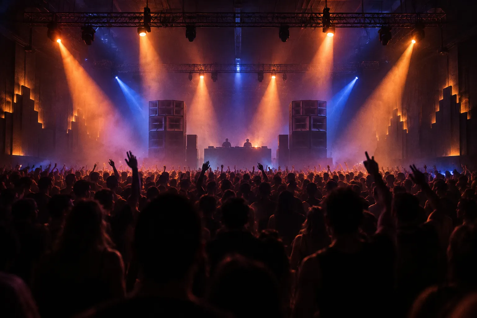 A large dark dance floor packed with people under coloured beams