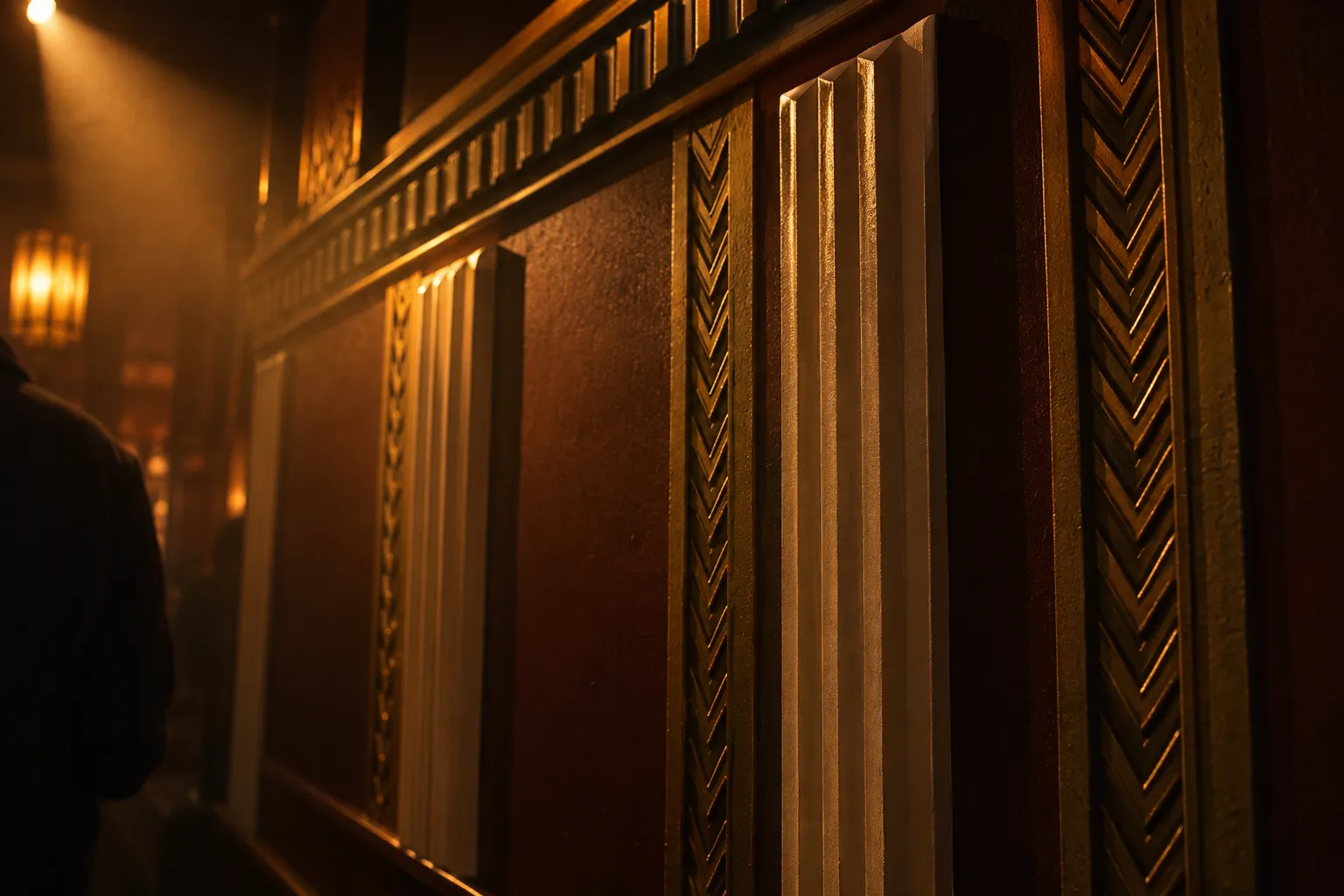 A large dance floor under Art Deco detailing with beams of coloured light