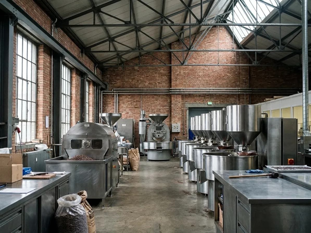 A small chocolate factory floor seen from a walkway, stainless machinery in a row, high windows throwing flat light across a brick interior