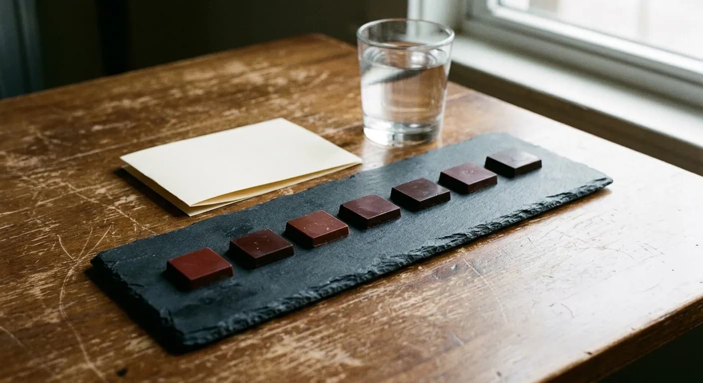 A tasting flight of dark chocolate squares arranged on a slate board, each a slightly different shade of brown, a glass of water beside them