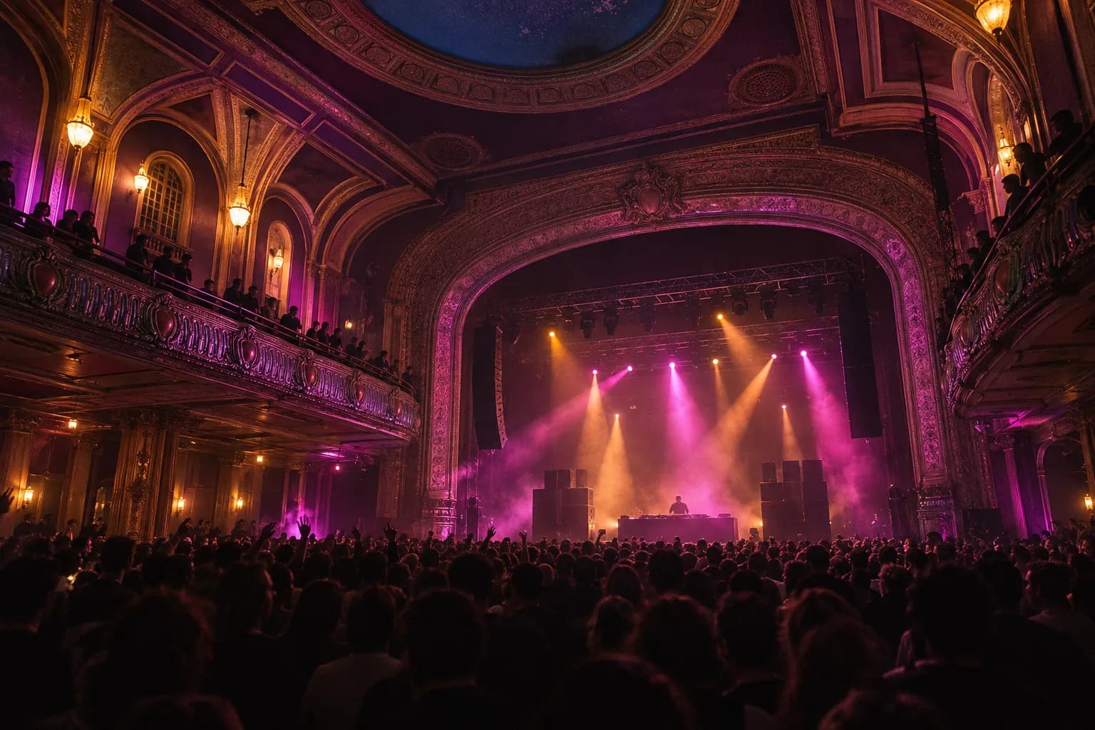 An ornate old theatre interior used as a club, balcony above the floor
